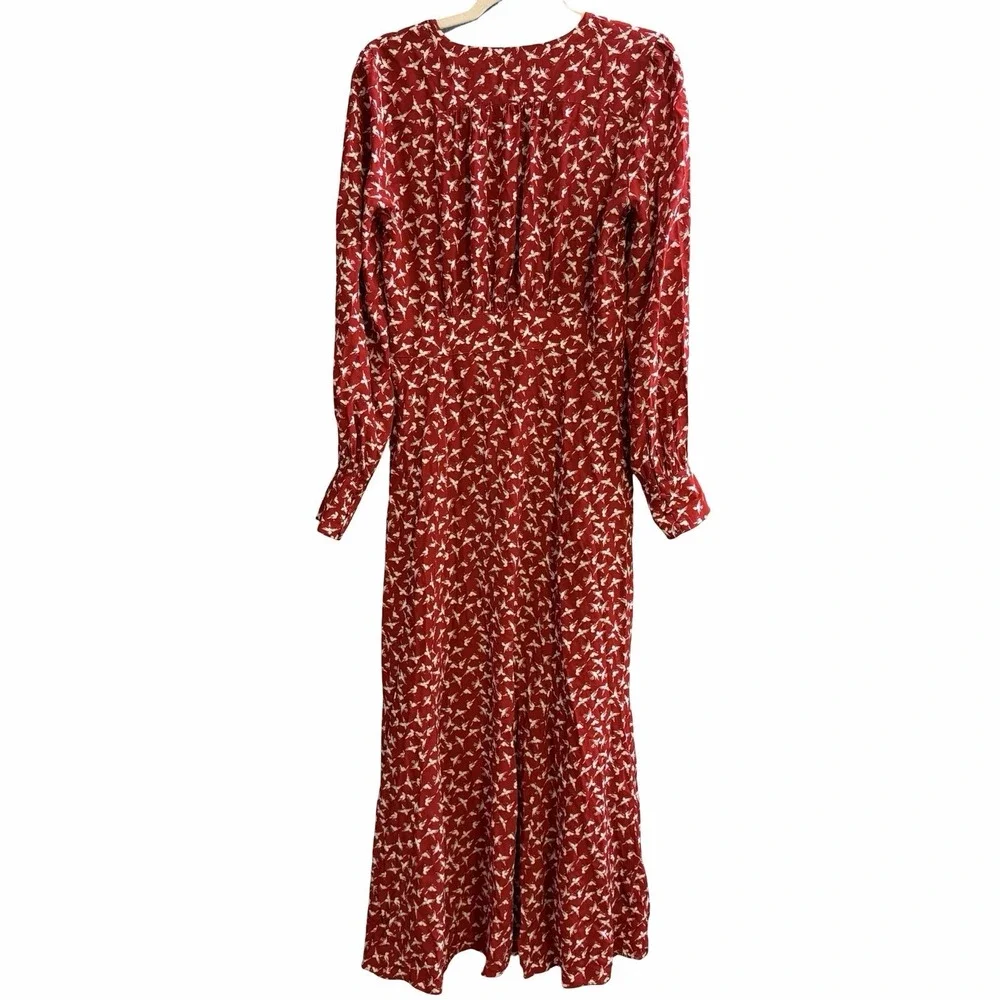 Free‎ People Walk Me Home Long Sleeve Button Front Maxi Duster Red W White Birds